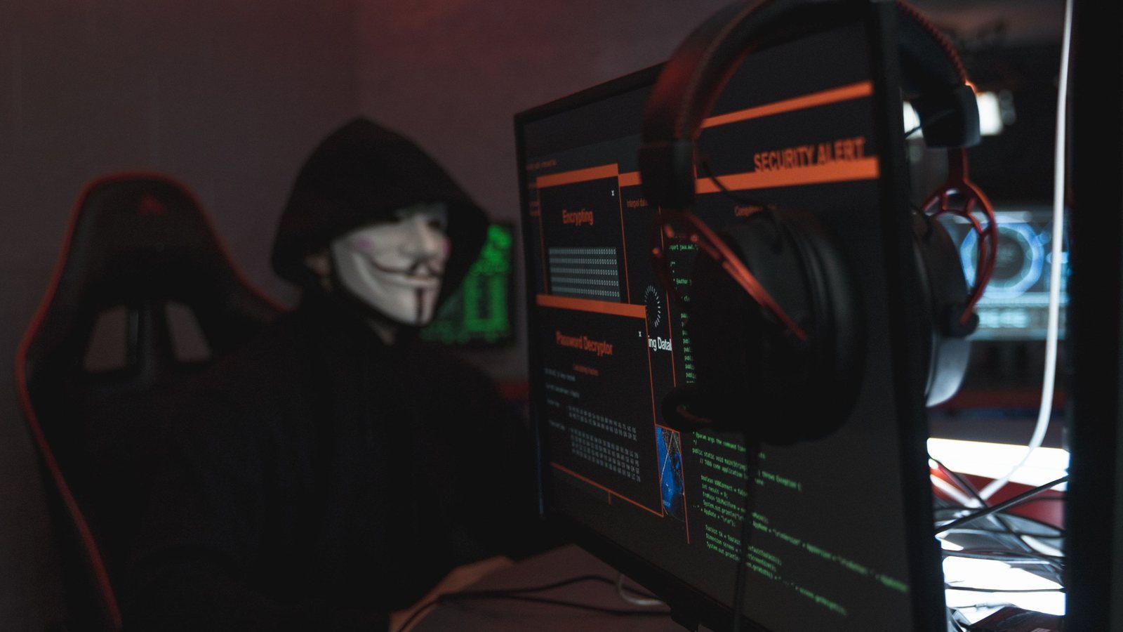 A masked figure beside a monitor showing a security alert